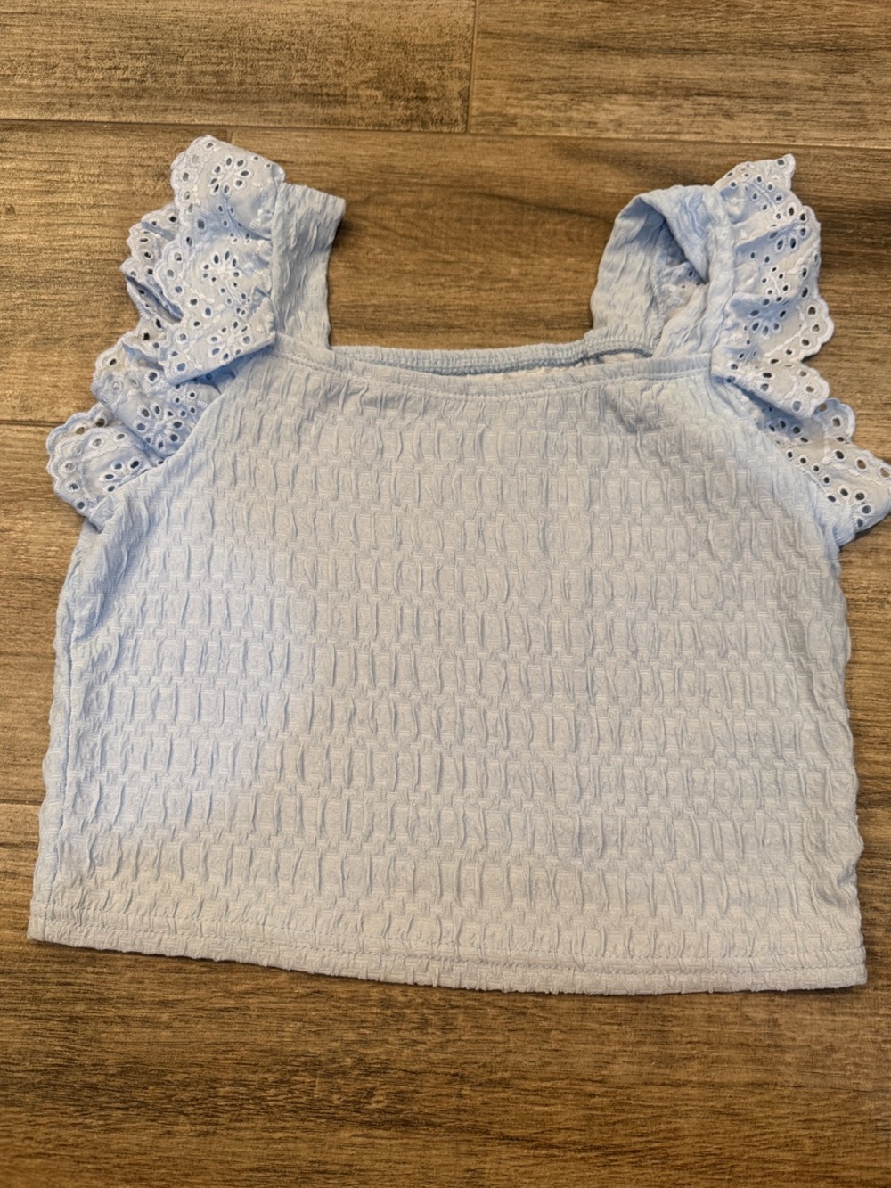 SHEIN Pale Blue Smocked Eyelet Ruffle Tank Top